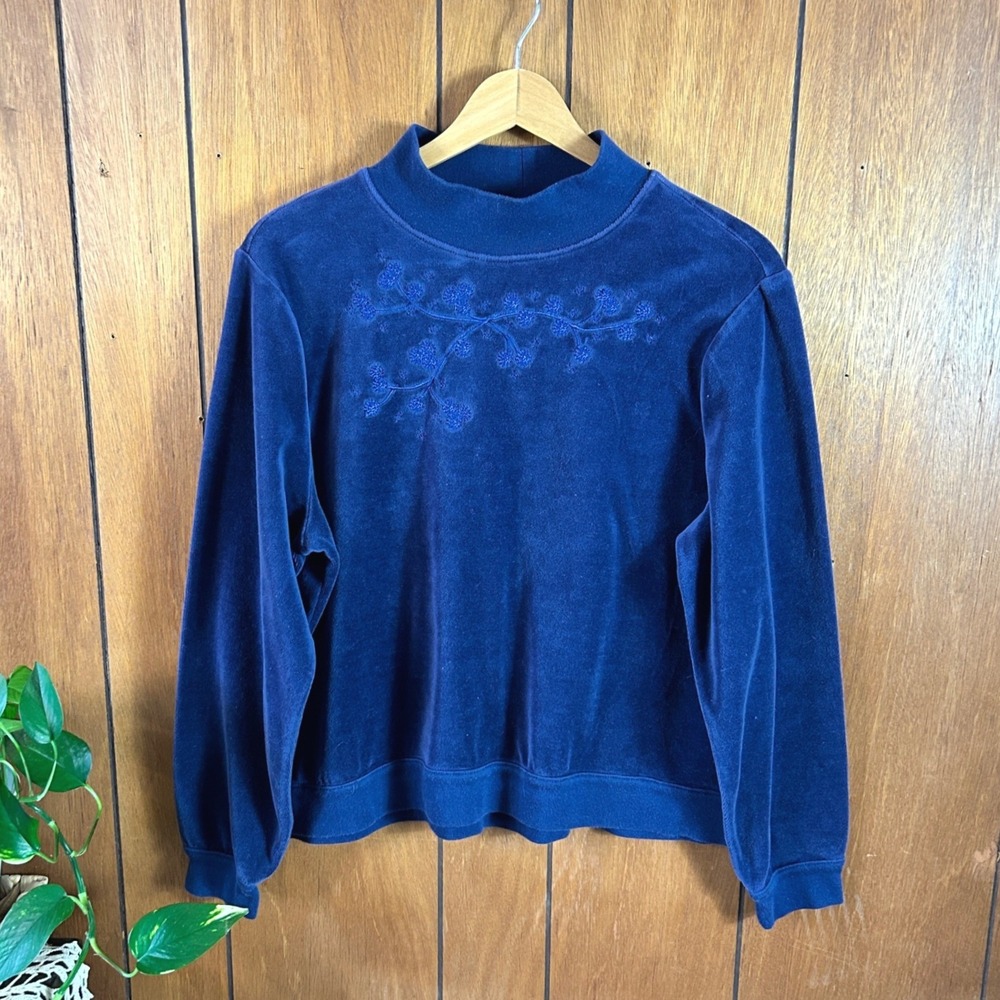 Vintage Breckenridge Navy Blue Velour Mock‎ Neck Embroidered Sweatshirt Grandma